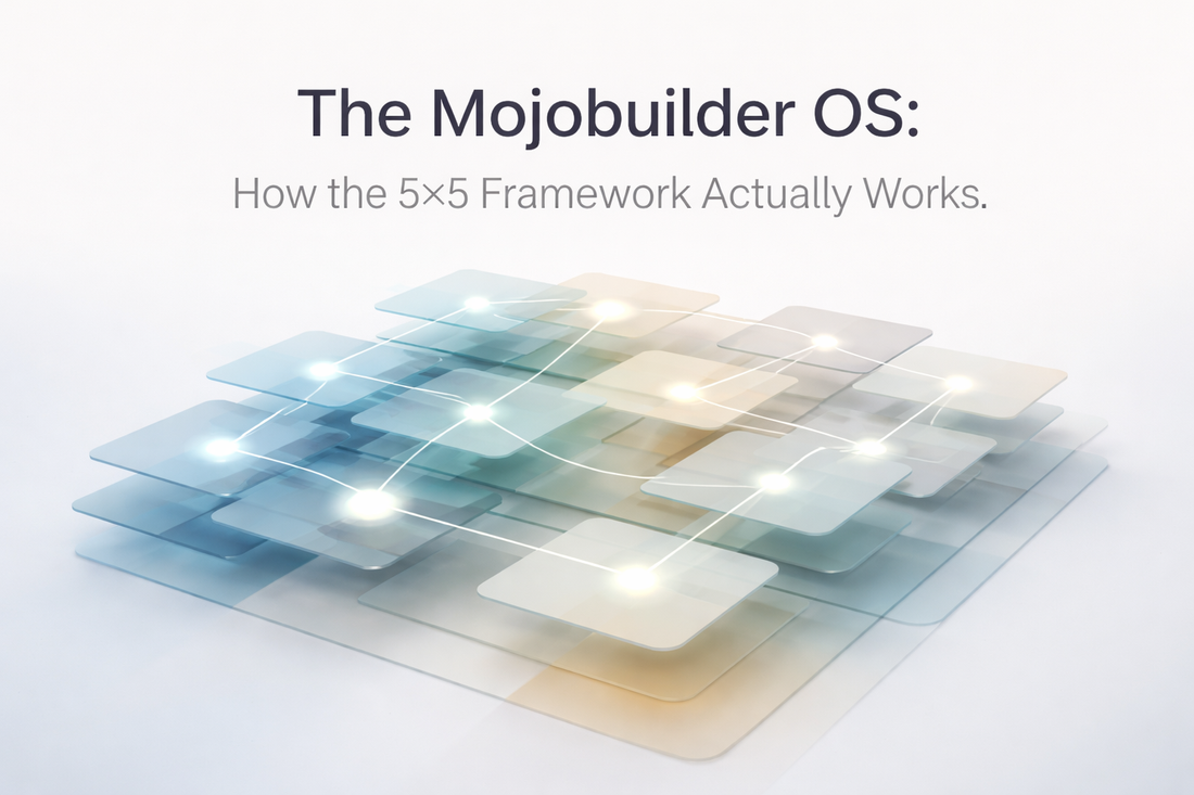 Abstract visual representing the Mojobuilder Business OS, showing five interconnected pillars and five strategic plays arranged as a structured system, illustrating how strategy and execution work together.